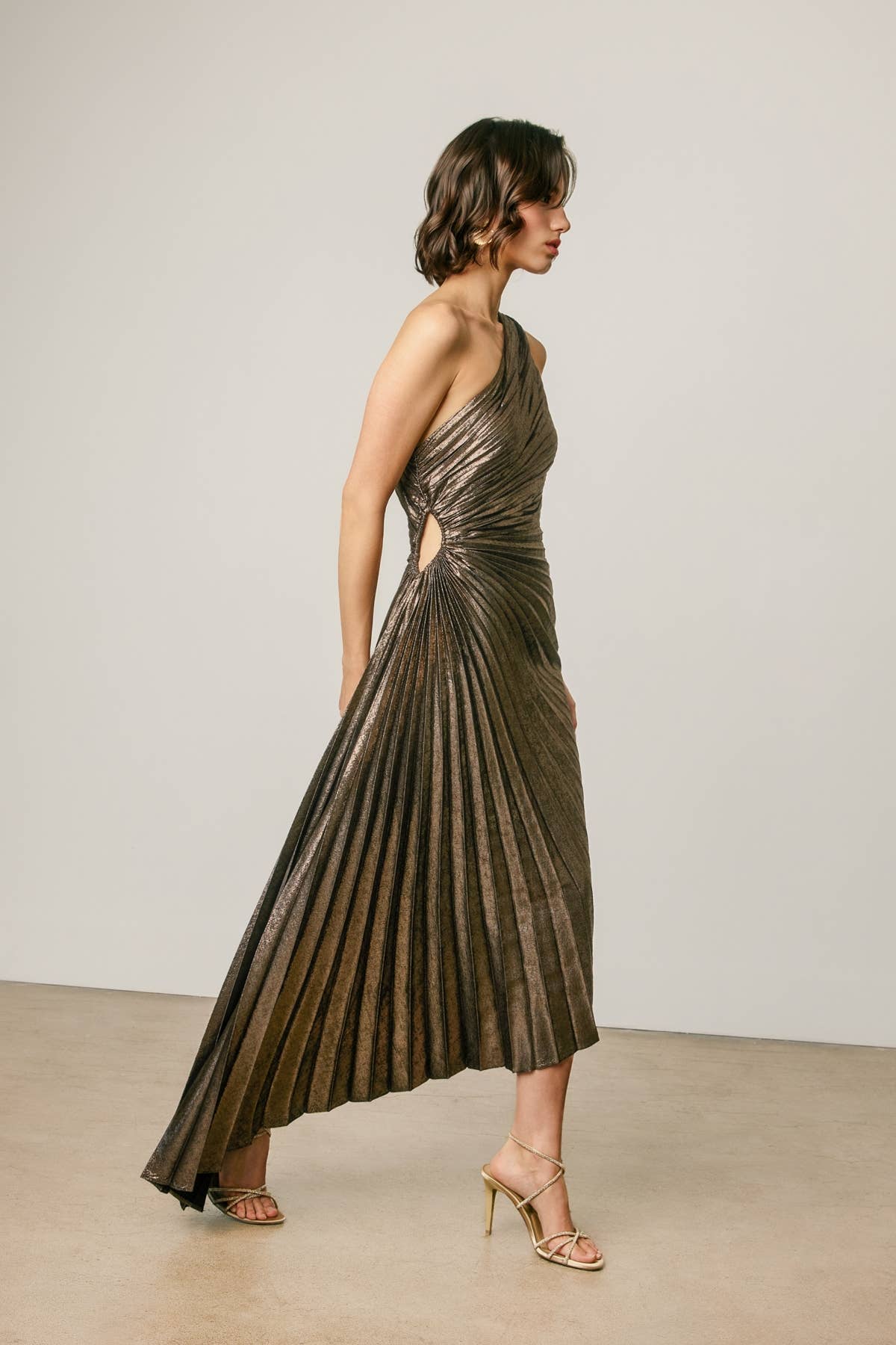 Metallic Foil 1 Shoulder Asym Pleated Dress-Dress Forum FD10589