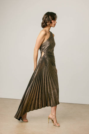 Metallic Foil 1 Shoulder Asym Pleated Dress-Dress Forum FD10589