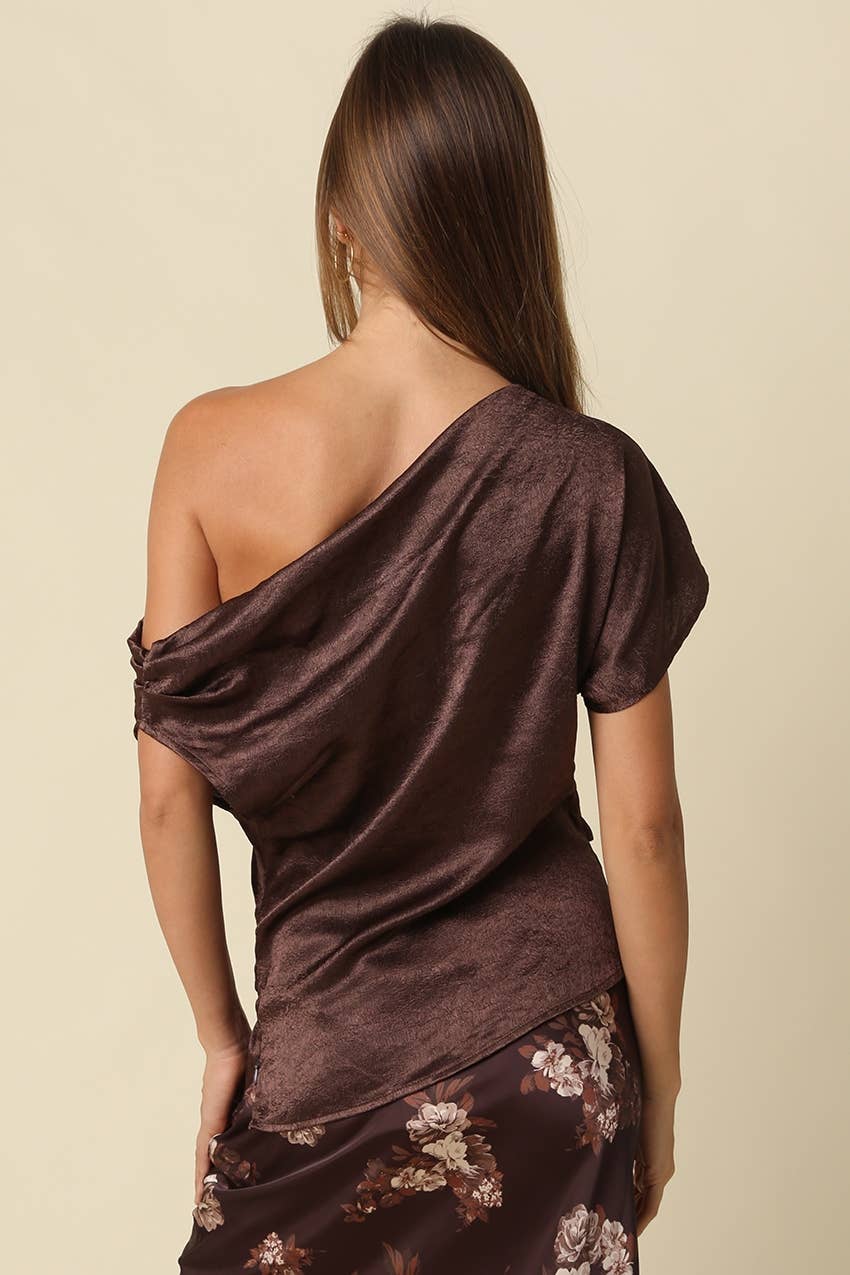 Sally Satin One Shoulder Top-  Olivaceous