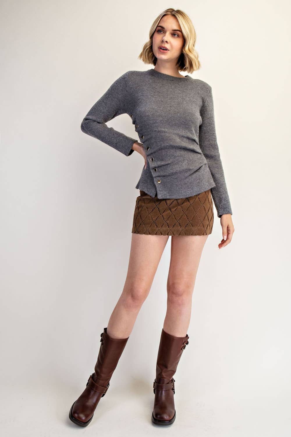 Asymmetrical Ruched Side Snap Button-Edit by Nine