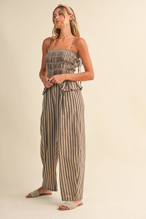 Striped Ruffle Hem Smocked Jumpsuit-Klesis - IJP3436