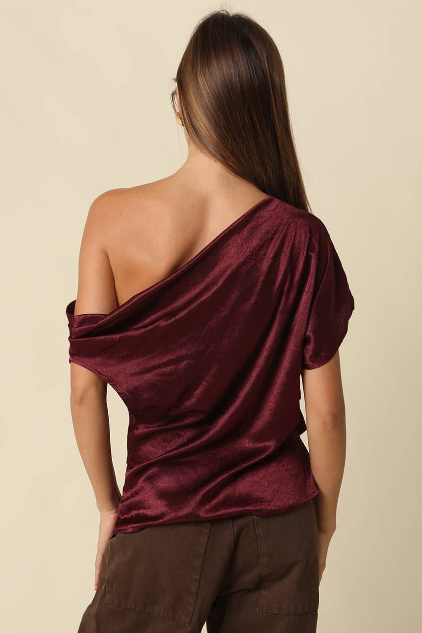 Sally Satin One Shoulder Top-  Olivaceous