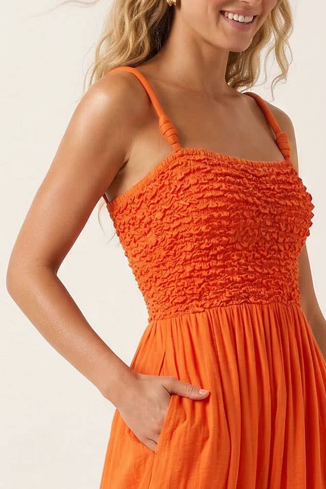 Smocked Maxi Dress W/ Cord Strap Detail-Naked Zebra VD119831
