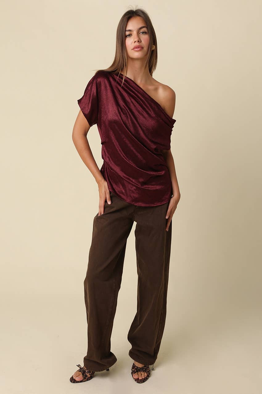 Sally Satin One Shoulder Top-  Olivaceous