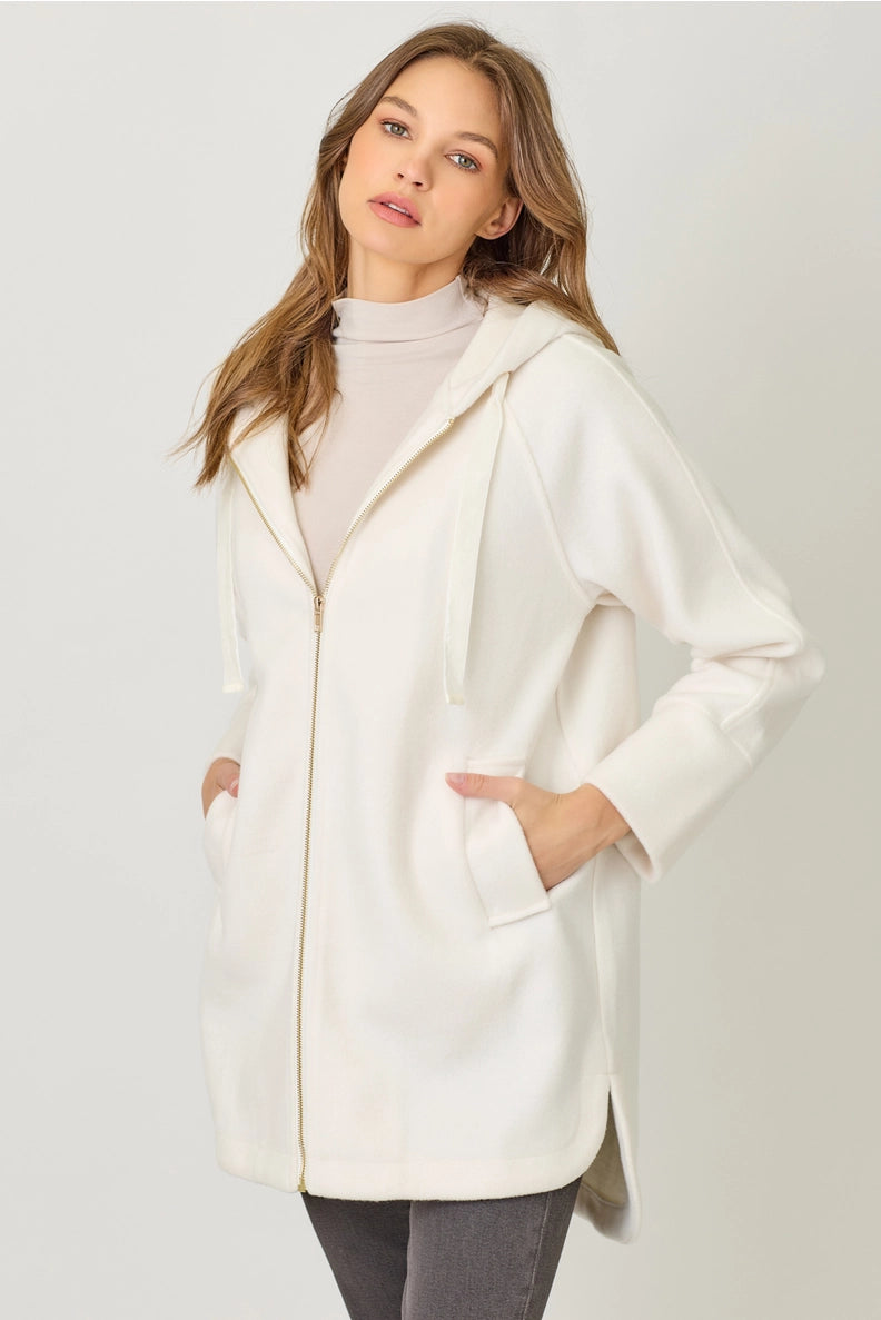 Hoodie Zip Up Coat in Ivory - Mystree