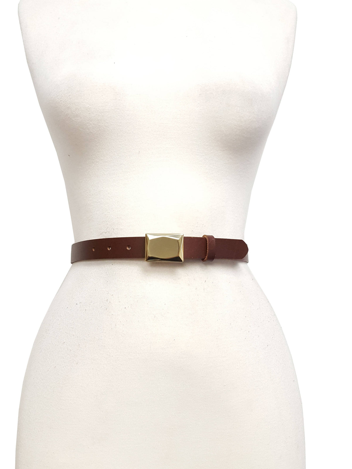Genuine Leather Skinny Belt with Faceted Gold Buckle-Axesoria West
