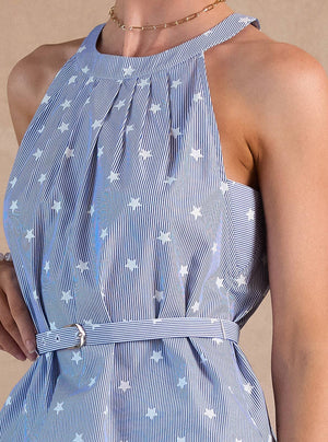 Stripe Star Print Belted Halter Top-Current Air