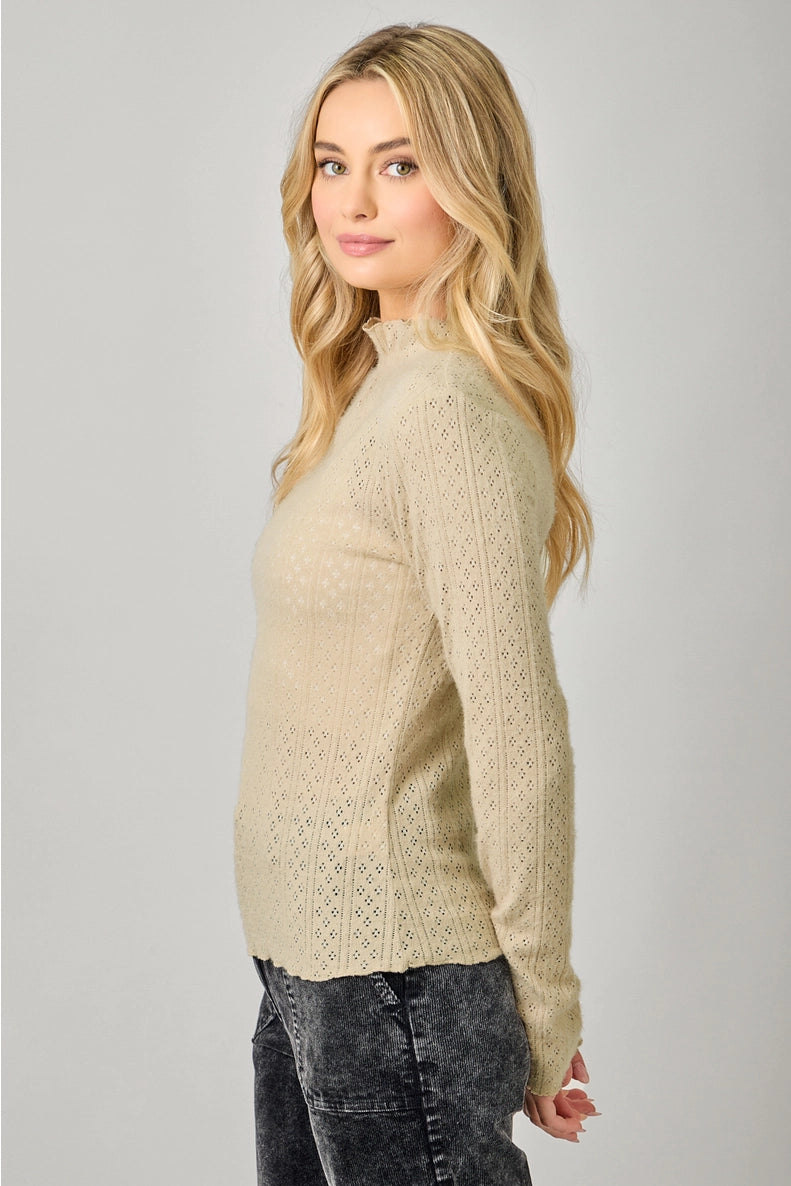 Lettuce Edge Fitted Mock Neck Top in Almond - Mystree