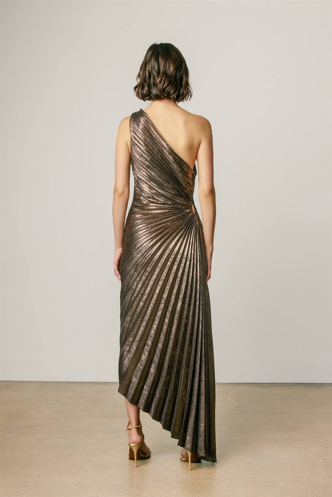 Metallic Foil 1 Shoulder Asym Pleated Dress-Dress Forum FD10589