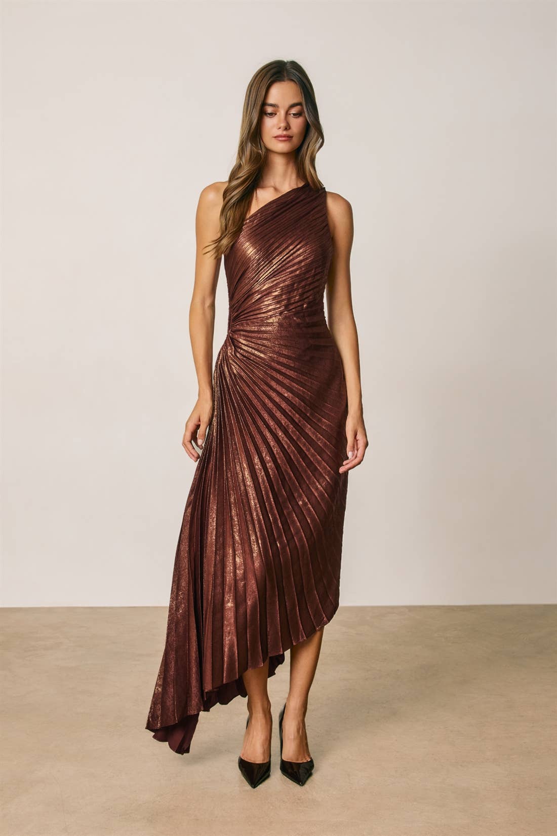 Metallic Foil 1 Shoulder Asym Pleated Dress-Dress Forum FD10589