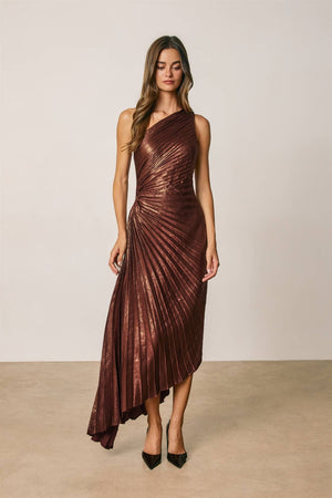 Metallic Foil 1 Shoulder Asym Pleated Dress-Dress Forum FD10589