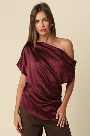 Sally Satin One Shoulder Top-  Olivaceous