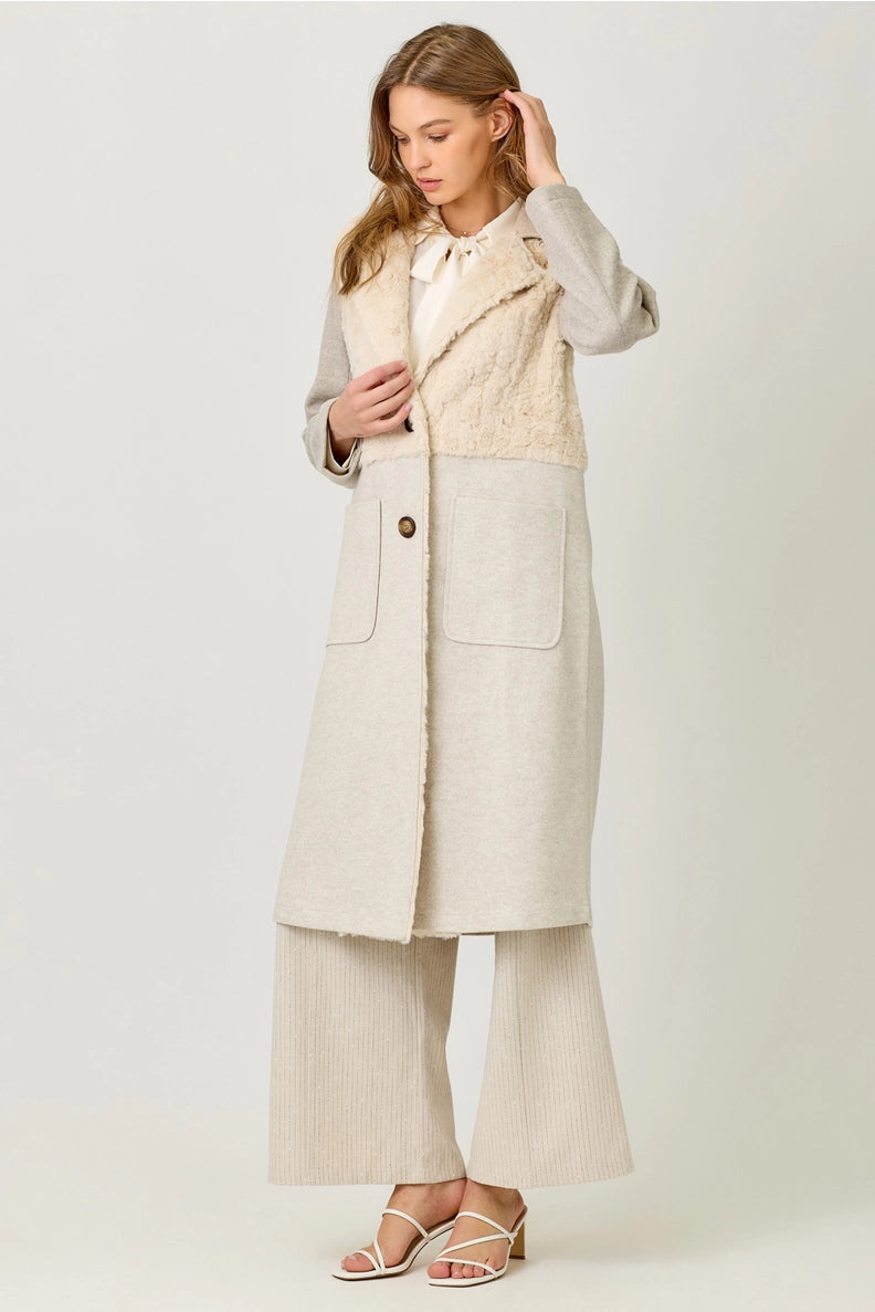 Color Blocked Long Coat in Oatmeal Mix - Mystree