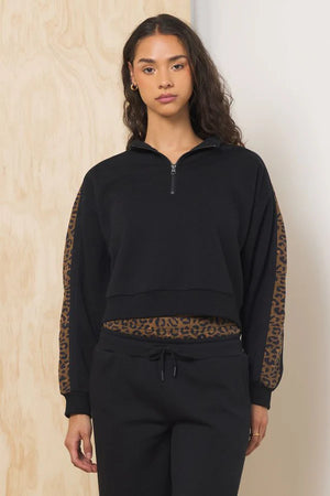 Quarter Zip Sweatshirt in Black Leopard - Vintage Havana