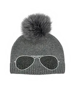 Mitchie's - Knitted Aviator Sunglassess Hat w/Fox Fur Pom