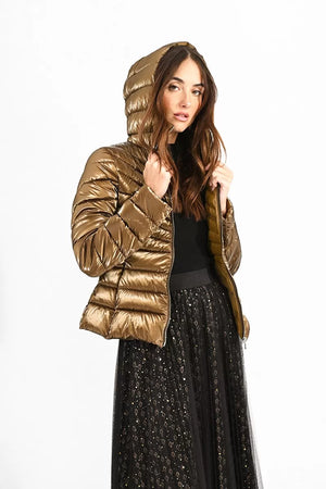Reflective Bronze Hooded Fitted Puffer Jacket