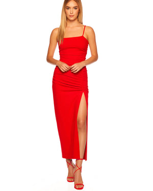 Susana Monaco Red Thin Strap Ruched Slit Maxi Dress