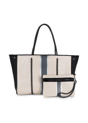 Haute Shore - Greyson Sahara Neoprene Tote Bag w/Zipper Wristlet Inside (Greyson, Beige Camo w/White & Rosegold Stripe)