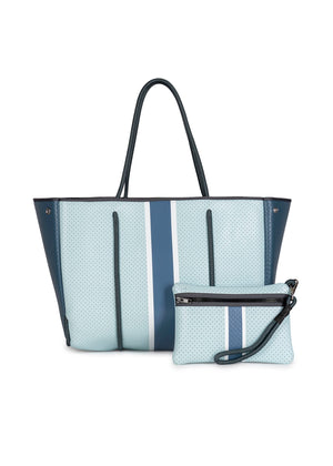 Haute Shore - Greyson Azure Neoprene Tote Bag w/Zipper Wristlet Inside (Greyson, Light Blue w/Steel Blue and White Stripe)