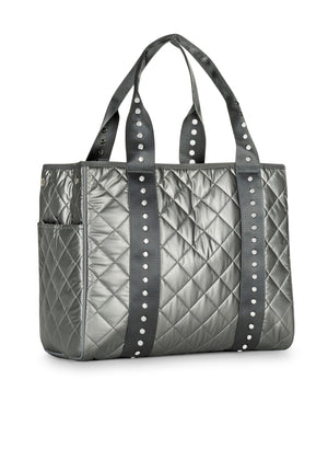 Haute Shore - Jaime Iron Tote Bag (Jaime, Pewter Leatherette Quilted Puffer w/Gunmetal Studded Strap) alt view 2