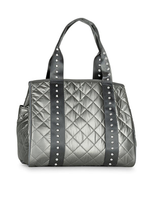 Haute Shore - Jaime Iron Tote Bag (Jaime, Pewter Leatherette Quilted Puffer w/Gunmetal Studded Strap) alt view 4