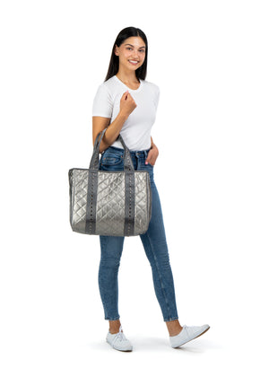 Haute Shore - Jaime Iron Tote Bag (Jaime, Pewter Leatherette Quilted Puffer w/Gunmetal Studded Strap) alt view 7
