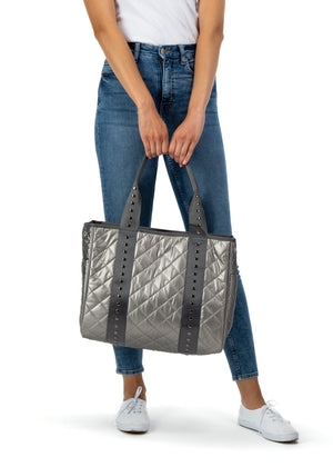 Haute Shore - Jaime Iron Tote Bag (Jaime, Pewter Leatherette Quilted Puffer w/Gunmetal Studded Strap) alt view 8