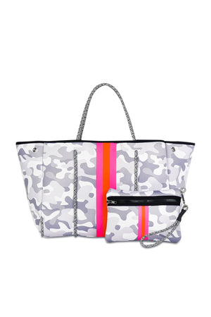 Haute Shore - Greyson Rise Neoprene Tote Bag w/Zipper Wristlet (White Camo w/Pink Orange Stripe)