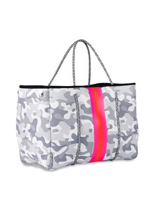 Haute Shore - Greyson Rise Neoprene Tote Bag w/Zipper Wristlet (White Camo w/Pink Orange Stripe) alt view 1