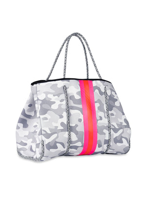 Haute Shore - Greyson Rise Neoprene Tote Bag w/Zipper Wristlet (White Camo w/Pink Orange Stripe) alt view 3