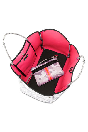 Haute Shore - Greyson Rise Neoprene Tote Bag w/Zipper Wristlet (White Camo w/Pink Orange Stripe) alt view 4