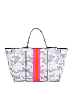 Haute Shore - Greyson Rise Neoprene Tote Bag w/Zipper Wristlet (White Camo w/Pink Orange Stripe) alt view 5