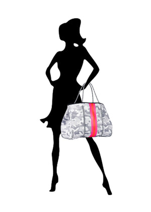Haute Shore - Greyson Rise Neoprene Tote Bag w/Zipper Wristlet (White Camo w/Pink Orange Stripe) alt view 6