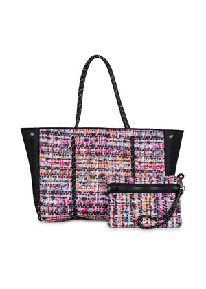 Haute Shore - Greyson Coco Neoprene Tote Bag w/Zipper Wristlet Inside (Greyson, Multi Color Boucle w/Black Denim Accents)