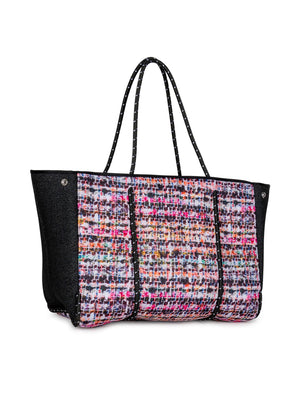 Haute Shore - Greyson Coco Neoprene Tote Bag w/Zipper Wristlet Inside (Greyson, Multi Color Boucle w/Black Denim Accents)