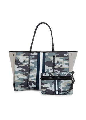 Haute Shore - Greyson Refresh Neoprene Tote Bag w/Zipper Wristlet Inside (Greyson, Sage Camo w/Navy & White Stripe)