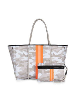 Haute Shore - Greyson Playa Neoprene Tote Bag w/Zipper Wristlet Inside (Greyson, Beige Camo w/Orange & Peach Stripe)
