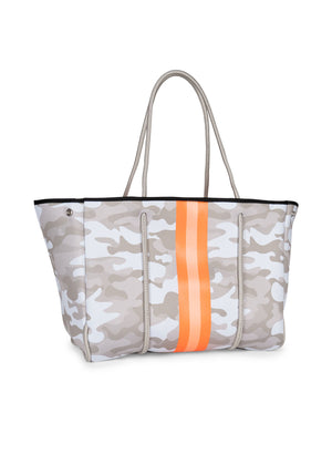Haute Shore - Greyson Playa Neoprene Tote Bag w/Zipper Wristlet Inside (Greyson, Beige Camo w/Orange & Peach Stripe) alt view 3