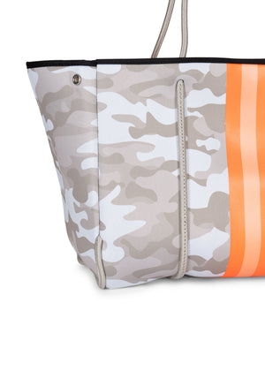 Haute Shore - Greyson Playa Neoprene Tote Bag w/Zipper Wristlet Inside (Greyson, Beige Camo w/Orange & Peach Stripe) alt view 4