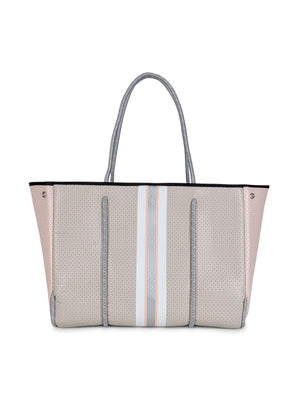 Haute Shore - Greyson Shell Neoprene Tote Bag w/Zipper Wristlet Inside (Greyson, Greige Coated w/White Greige & Peach Stripe) alt view 1