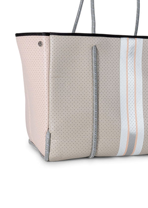 Haute Shore - Greyson Shell Neoprene Tote Bag w/Zipper Wristlet Inside (Greyson, Greige Coated w/White Greige & Peach Stripe) alt view 3