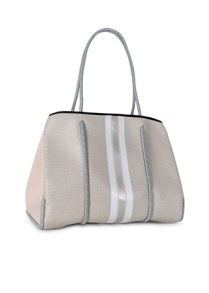 Haute Shore - Greyson Shell Neoprene Tote Bag w/Zipper Wristlet Inside (Greyson, Greige Coated w/White Greige & Peach Stripe) alt view 4