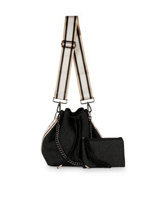 Haute Shore - Zoe Bravo Bucket Bag (Zoe, Black Denim w/Chain & Black Rosegold & White Stripe)