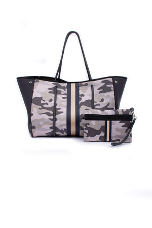 Haute Shore - Greyson New Midtown Neoprene Tote Bag w/Zipper Wristlet Inside (Greyson, White w/Black & Silver Stripe)