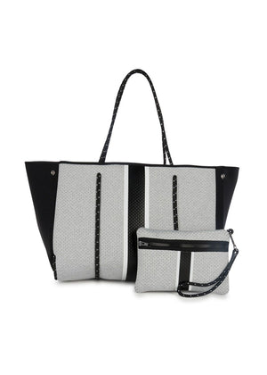 Haute Shore - Greyson New Midtown Neoprene Tote Bag w/Zipper Wristlet Inside (Greyson, White w/Black & Silver Stripe)