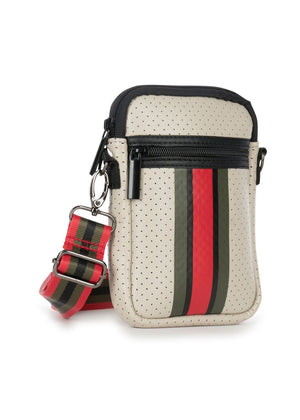 Haute Shore - Casey Roma Neoprene Cell Phone Case (Beige w/Olive, Black, & Red Stripe)