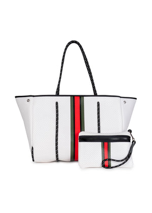 Haute Shore - Greyson Trento Neoprene Tote Bag w/Zipper Wristlet Inside (Greyson, White Coated w/Red, Black & Green Stripe)