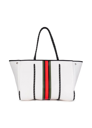 Haute Shore - Greyson Trento Neoprene Tote Bag w/Zipper Wristlet Inside (Greyson, White Coated w/Red, Black & Green Stripe) alt view 1