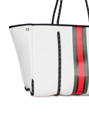 Haute Shore - Greyson Trento Neoprene Tote Bag w/Zipper Wristlet Inside (Greyson, White Coated w/Red, Black & Green Stripe) alt view 3