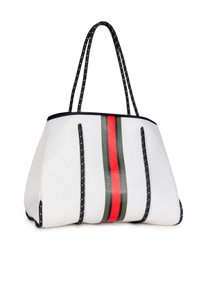 Haute Shore - Greyson Trento Neoprene Tote Bag w/Zipper Wristlet Inside (Greyson, White Coated w/Red, Black & Green Stripe) alt view 4